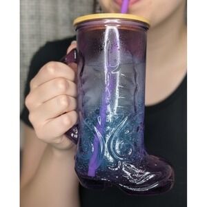 Destination Holiday Glass Boot Cowgirl  Drinking Cup Purple 20 oz HEB Valentine